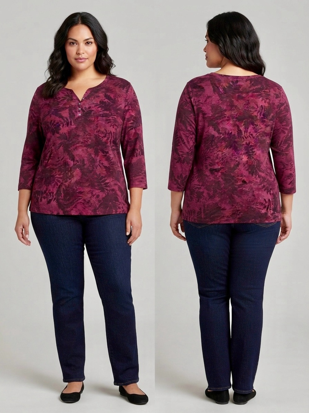 Karen Scott Burgundy Leaf Print Henley Top 3/4 Sleeve Size L